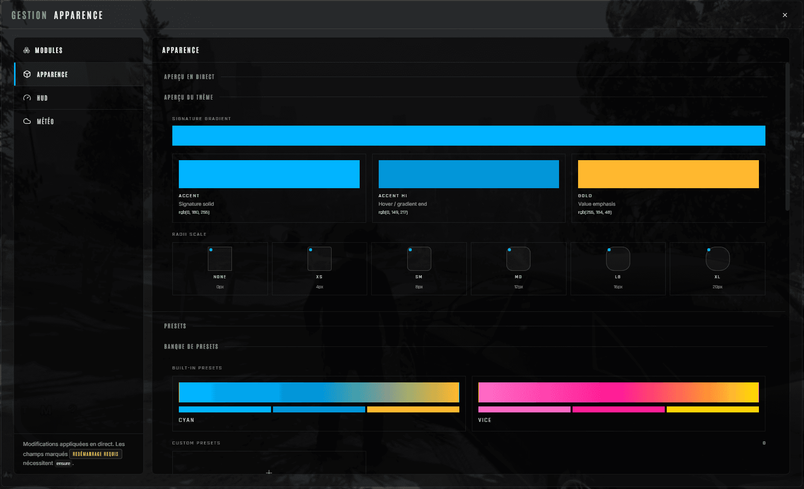 HZ-Bridge Apparence tab — live theme cascade, accent colors, radii presets