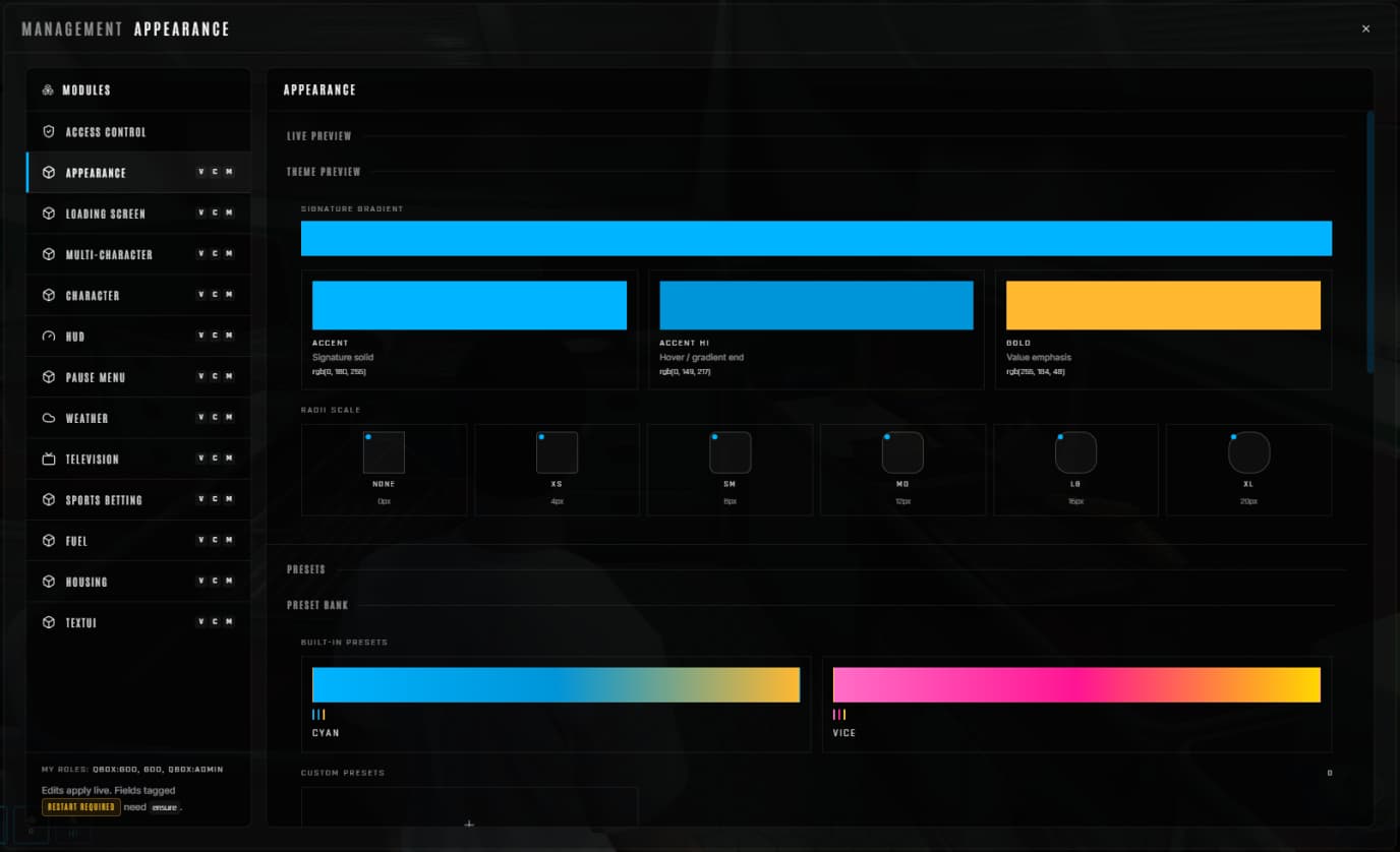 HZ-Bridge Apparence tab — live theme cascade, accent colors, radii presets