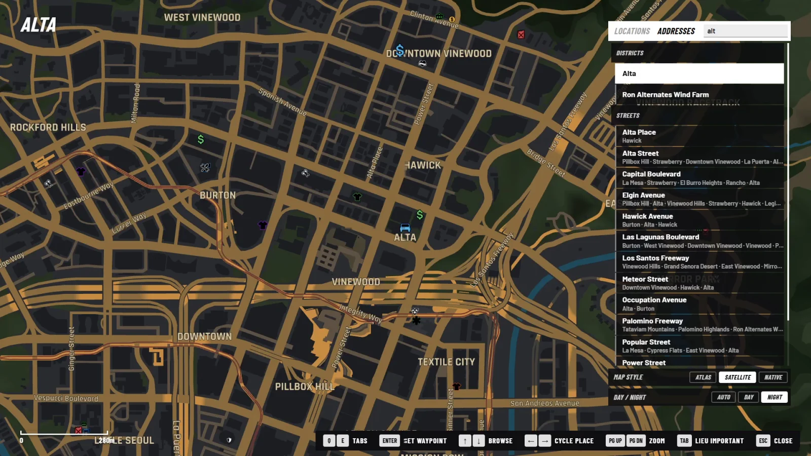 The Addresses tab listing the Alta district and the streets that run through it