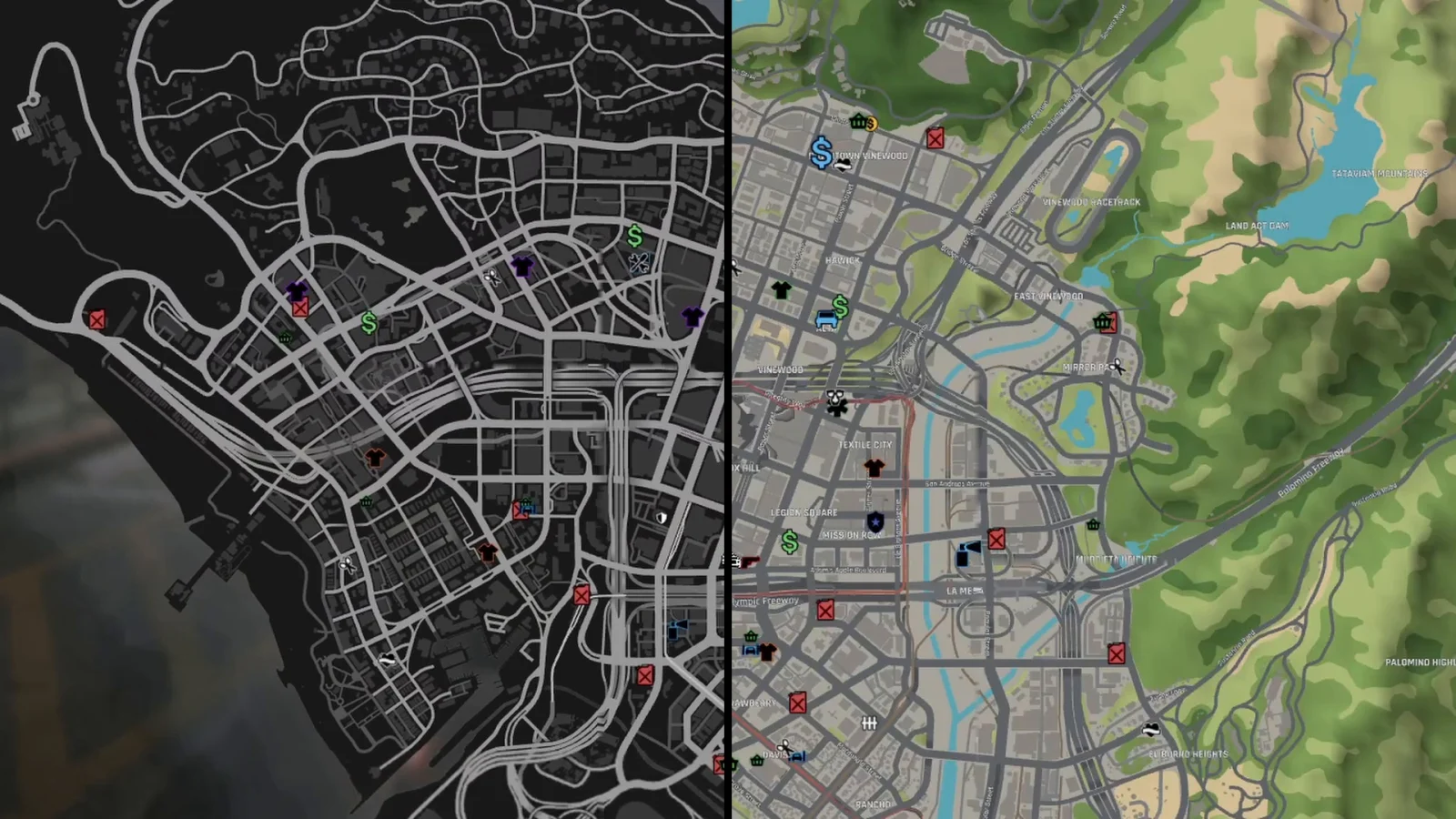 The native GTA V pause map on the left and the HZ-Map satellite style on the right, on the same area