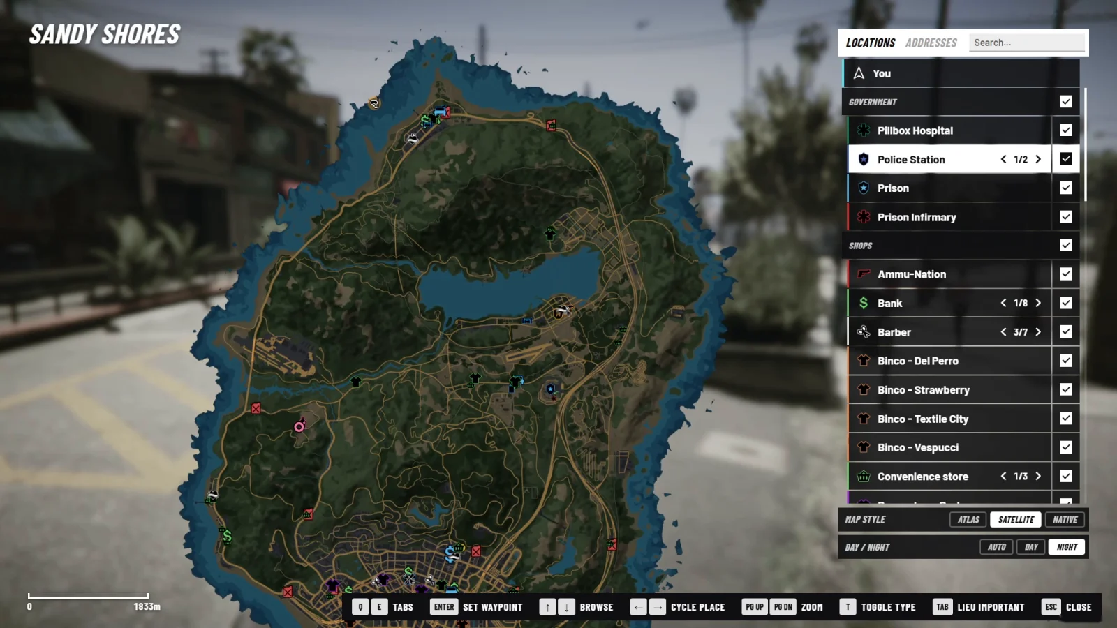 The places panel listing blips by category, with the map centred on Sandy Shores