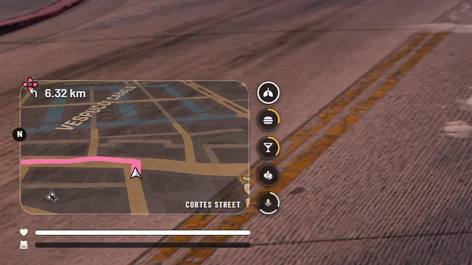The radar while driving, with street names and the pink GPS route
