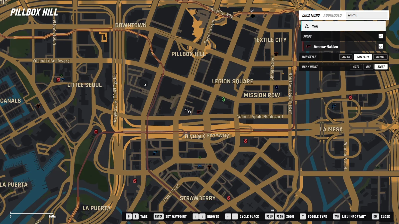 Close-up of the satellite night map with street and district names, and a search for Ammu-Nation