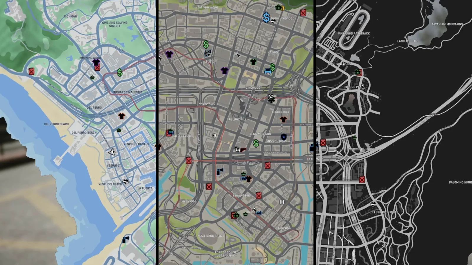 The same part of Los Santos in the Atlas, Satellite and Native styles