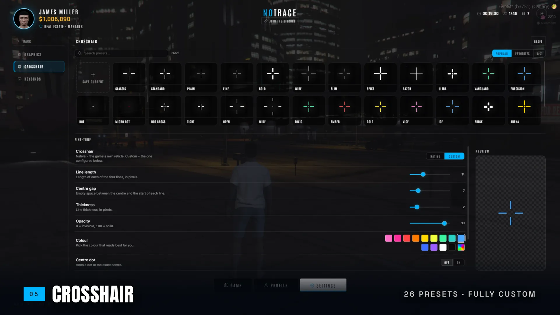 Custom crosshair with a preset browser and an unlimited colour picker