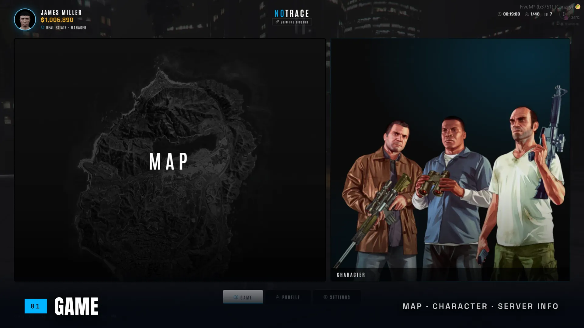 HZ-PauseMenu game tab with an interactive map card and a character card