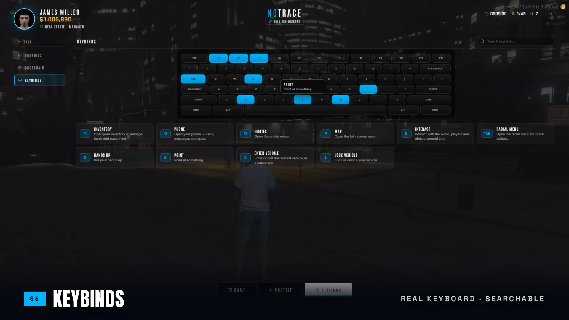 Visual keyboard board showing bound keys with labels and tooltips