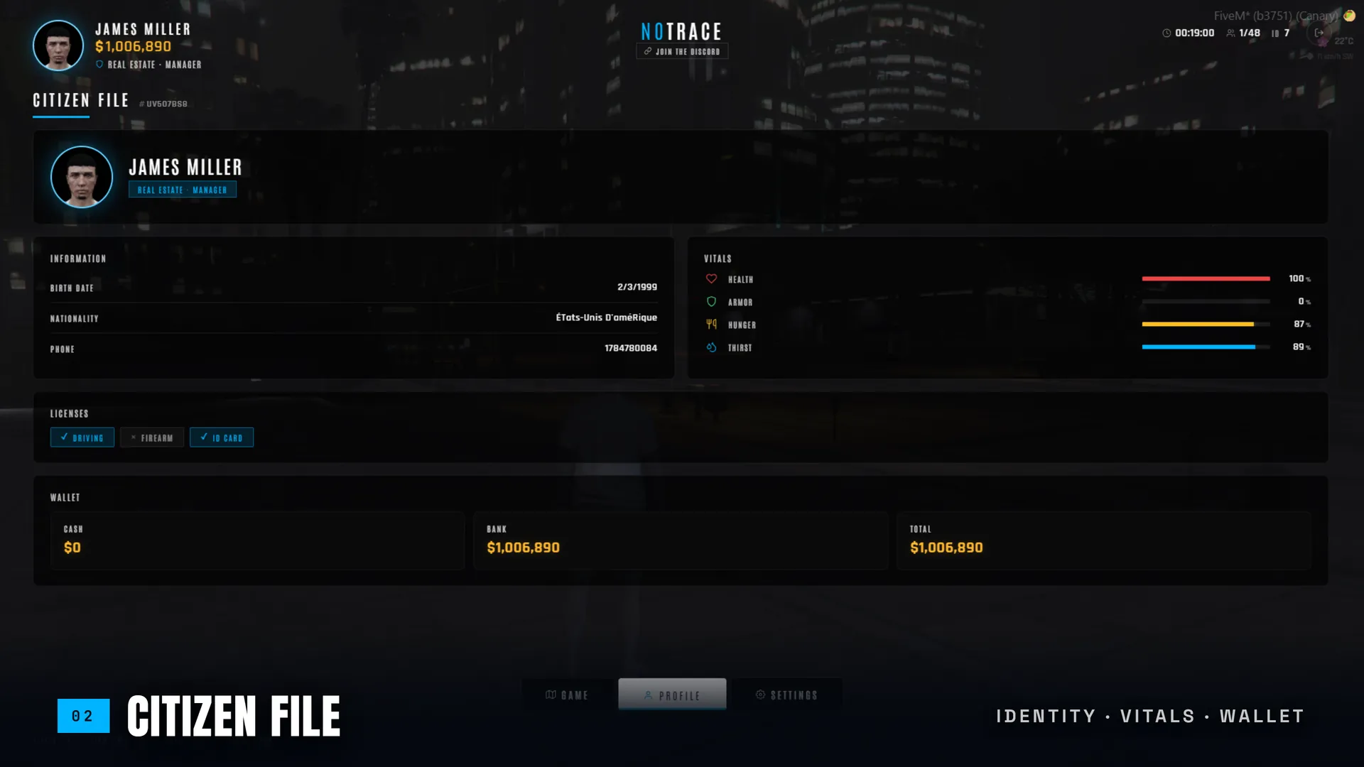Citizen file showing identity, vitals, licenses and wallet with a mugshot avatar