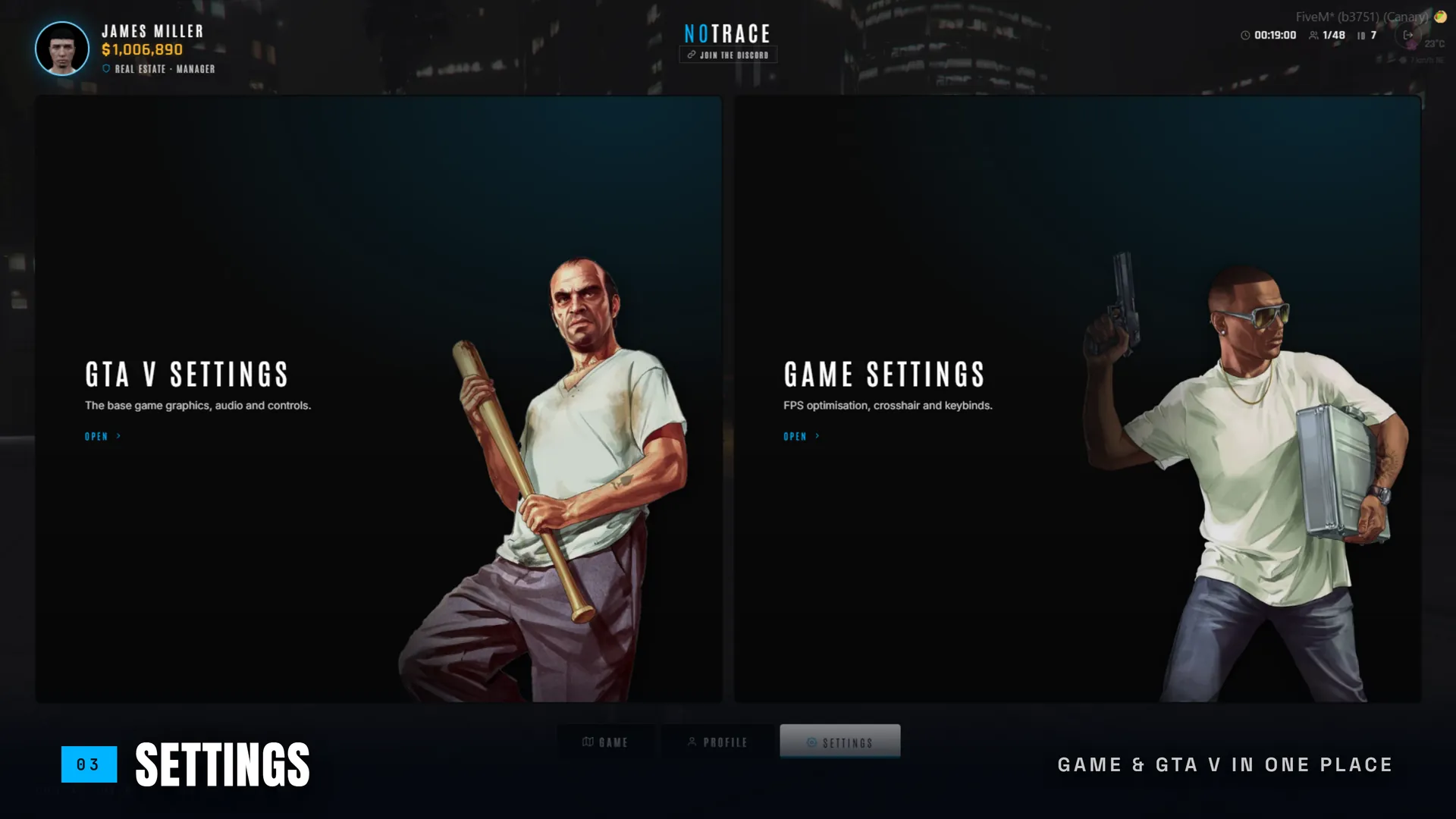 Settings landing splitting native GTA V options from player settings